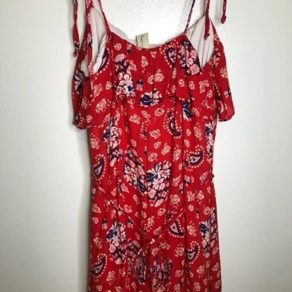 Allison Joy Red Floral High Low Dress, Adjustable Straps, Ruffle Accents Size M